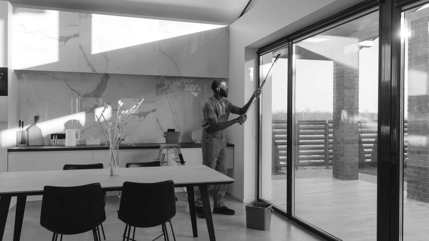 A cleaner working across a wall of interior glazing, printed achromatic with the specular return at full.