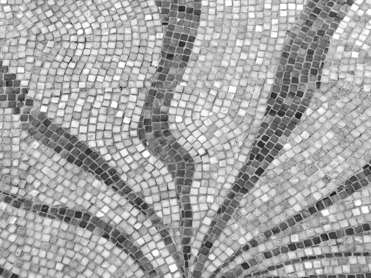 Small mosaic tiling with wide grout lines, printed achromatic with the specular return at full.